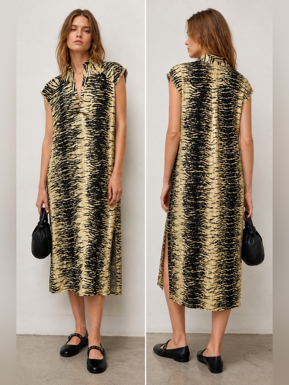 New! GANNI Animal Print Cap Sleeve Raw Hem Midi Dress Size 💛 S/M